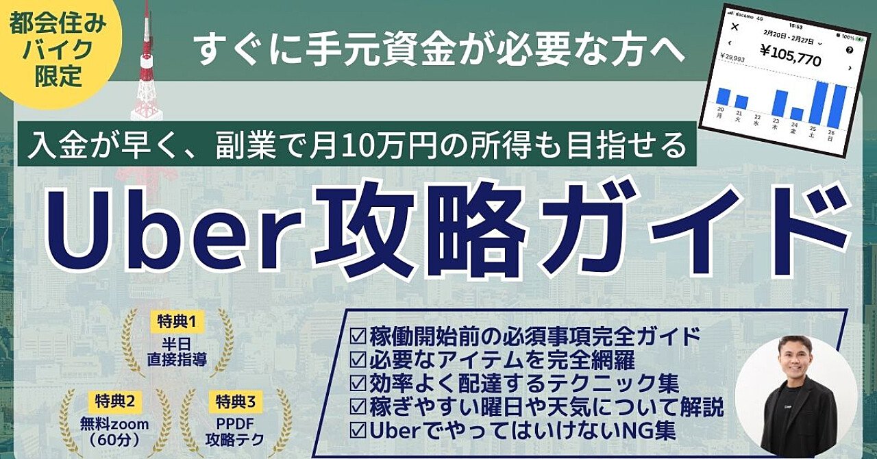 入金が早く、副業で月10万の所得も目指せる「Uber攻略ガイド」